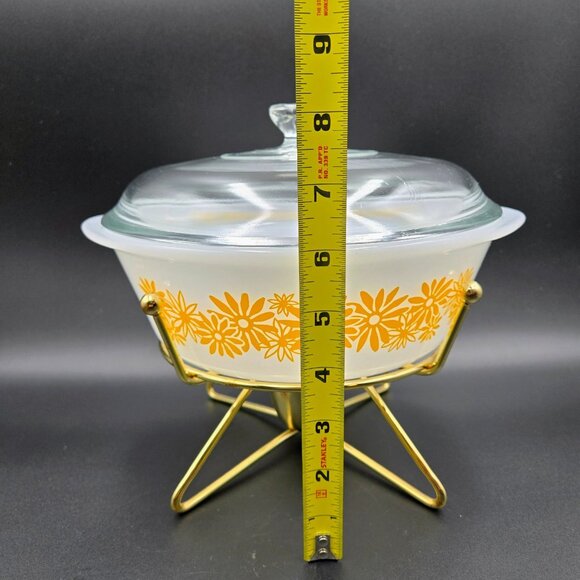 Vintage Glasbake Ovenware Yellow Daisy Casserole 514 Lid Brass Warming Stand Lid - Picture 2 of 16
